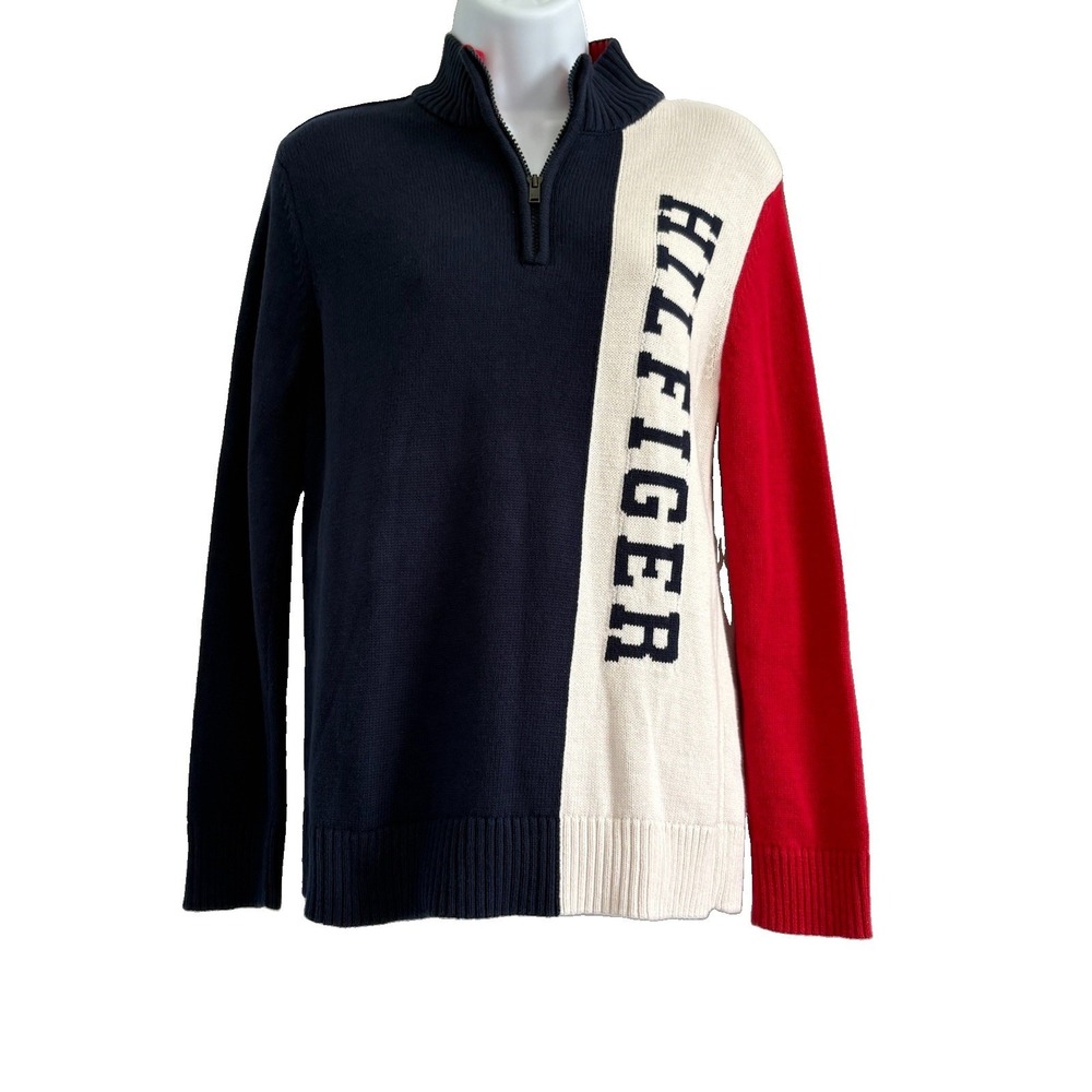Tommy Hilfiger Quarter Zip Sweater Color Block Boy's Large 16/18 100% Cotton